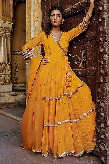 Saffron Tiered Angrakha With Dupatta