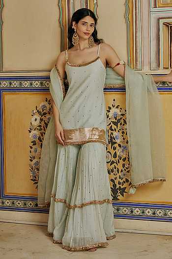 Embroidered Spaghetti Straight Kurta Sharara Set