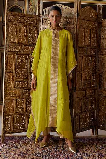 Chanderi Silk Embroidered Kaftan & Pant Set