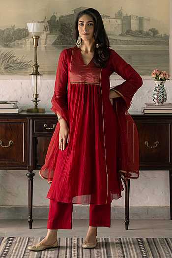 Gathered Embroidered Kurta Set