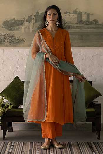 Gathered Embroidered Kurta Set