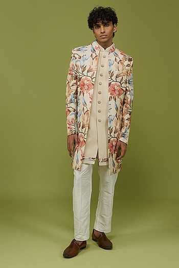 Printed Floral Sherwani With Kurta And Pant Set