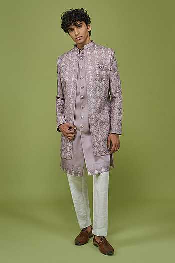 Patterned Sherwani Set with Kurta & Pant