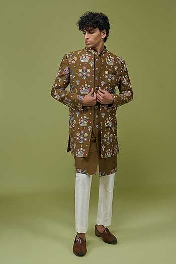 Pattern Pc Art Silk Sherwani Set with Kurta & Pant