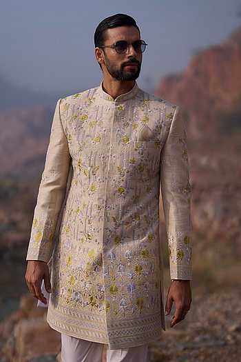 Thread Amber Geometric Sherwani Set