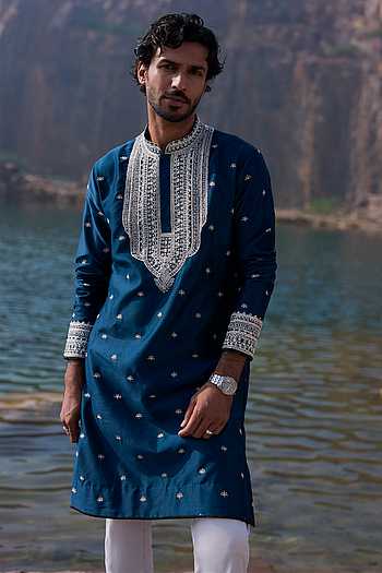 Navy Lotus Motifs Kurta Set
