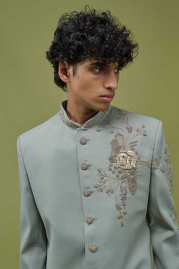 Embroidered Mandarin Collar Sherwani & Off White Pant