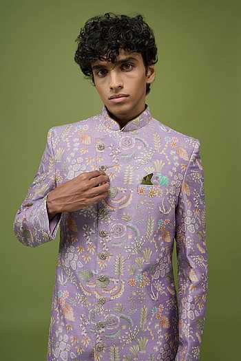 Mens Embroidered Floral Sherwani Jacket & Pant Set