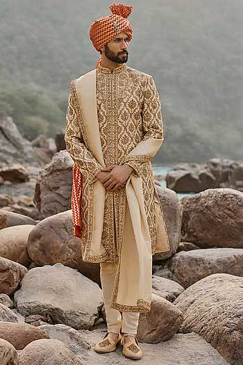 Beige Zardozi Work Sherwani Set