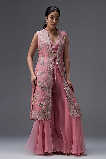 Rose Mirage Raw Silk Long Jacket & Sharara Set