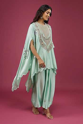 Wash Blue Embroidered Cape & Skirt Set