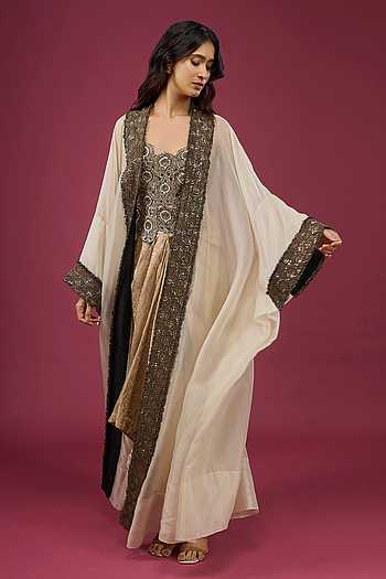 Embroidered Cape Draped Skirt Set