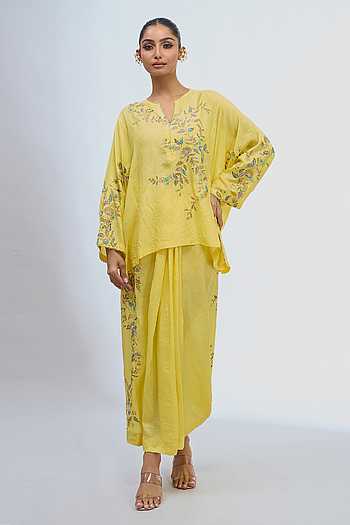 Embroidered Top & Draped Skirt Set