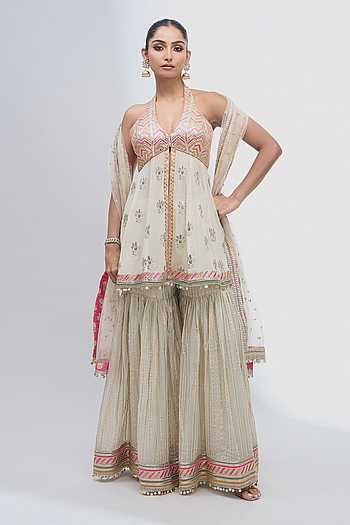Embroidered Halter Kurta Sharara Set