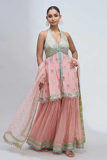 Embroidered Halter Kurta Sharara Set