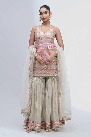 Embroidered Halter Kurta Sharara Set