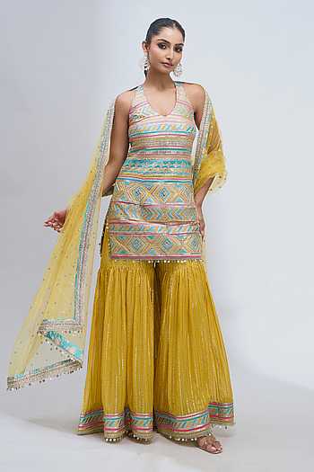Embroidered Halter Kurta Sharara Set