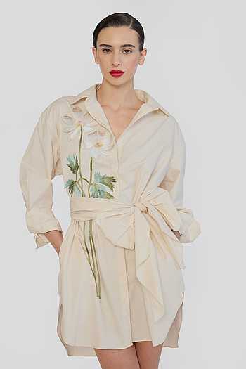 Embroidered Shirt Dress With Belt
