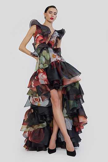 Printed High-Low Ruffled Dress