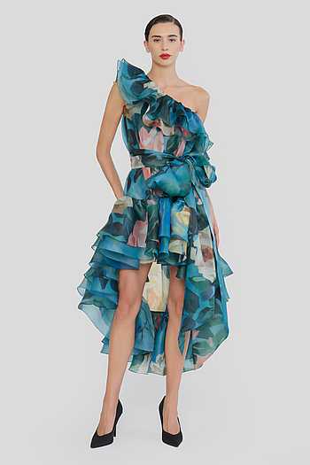 Printed High-Low Dress With Belt