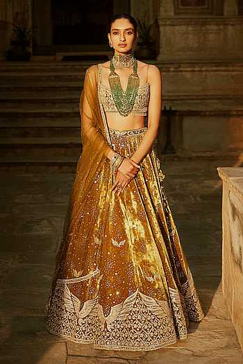 Burnt Sunset Green Velvet Winged Lehenga Set