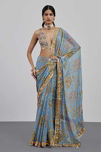 Powder Blue Bird Saree With Blouse