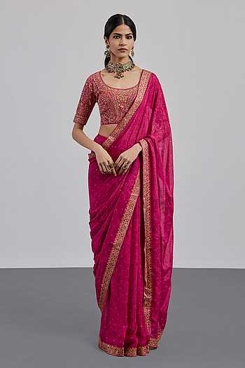 Fuchsia Pastel Jamawar Saree With Unstitched Blouse