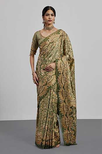 Leaf Print Saree With Unstitched Blouse Piece