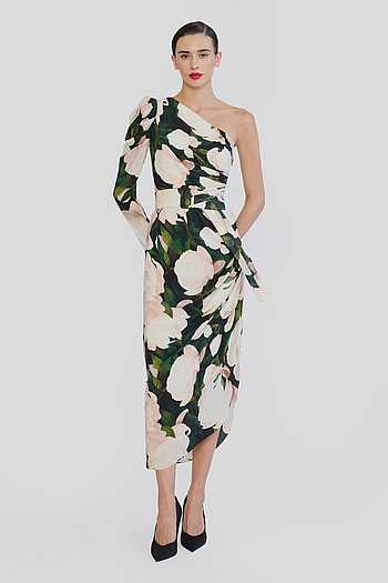 One Shoulder Printed Dress With Belt
