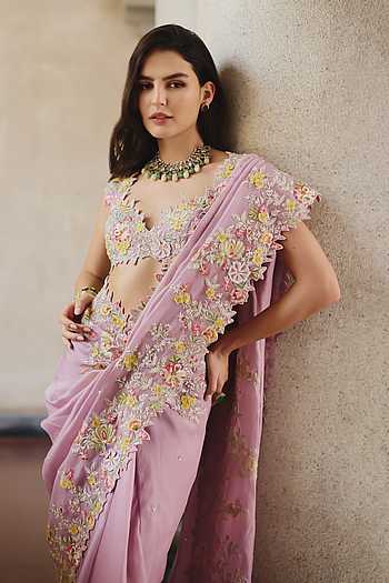 Ruffle Embroidered Saree With Blouse