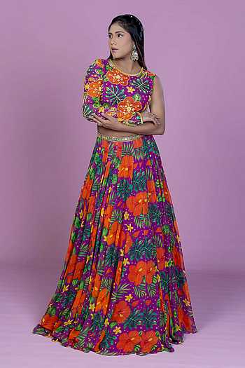 Floral Print Blouse & Lehenga Set