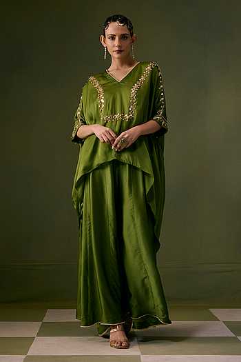 Asymmetric Embroidered Top & Flared Pant Set