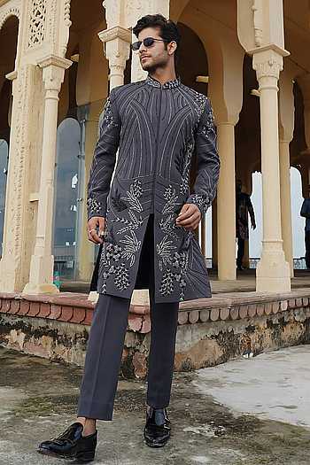 Grey Silver Embellished Sherwani Set