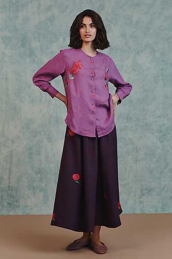 Berry Shirt & Plum Flared Skirt Set