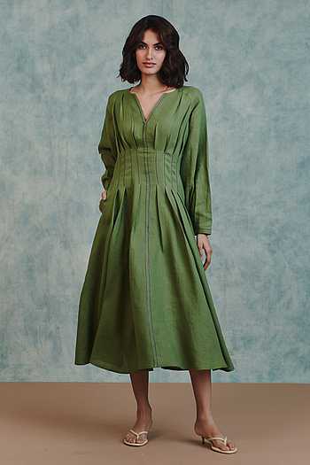 Moss Linen Pleated Waist Dress