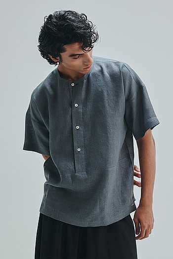 Slate Linen Half Sleeves Panelled Shirt Kurta