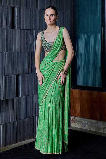 Leyla Printed Pre-Draped Saree With Blouse