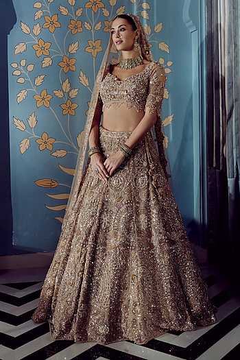 Champagne Aurelle Embroidered Bridal Lehenga Set