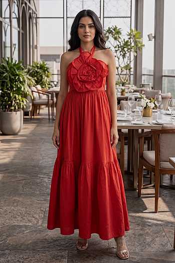 Red Applique Halter Maxi Dress