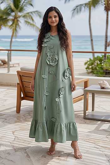 Womens Applique Cotton Ruffle-Hem Dress