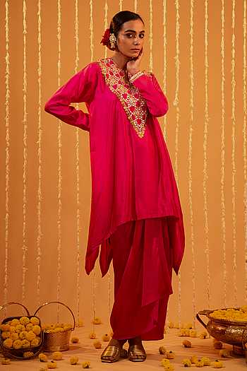 Silk Embroidered Tunic & Draped Skirt Set