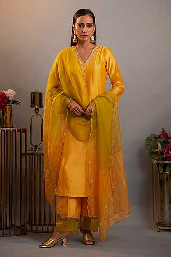 Yellow Cutwork Embroidered Kurta Pant Set