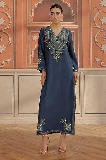 Zeva Embroidered Mul Chanderi Kaftan
