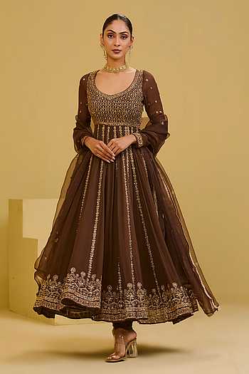 Brown Embroidered Anarkali Set