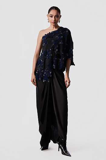 Embroidered One Shoulder Cape With Skirt