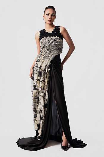 Printed Yoke Fur Top With Trail Skirt