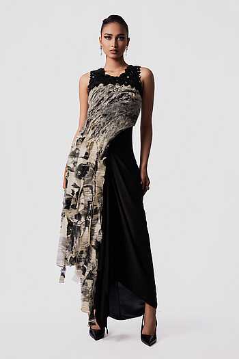 Printed Yoke Fur Top With Front Knot Skirt