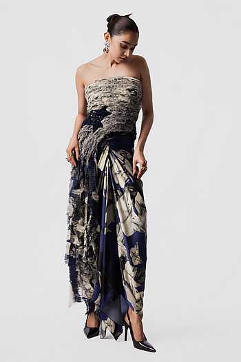 Printed Tube Fur Top With Front Knot Skirt