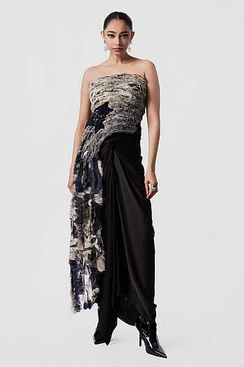 Printed Tube Fur Top With Front Knot Skirt