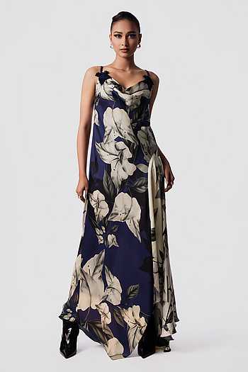 Printed Satin Cowl Dress